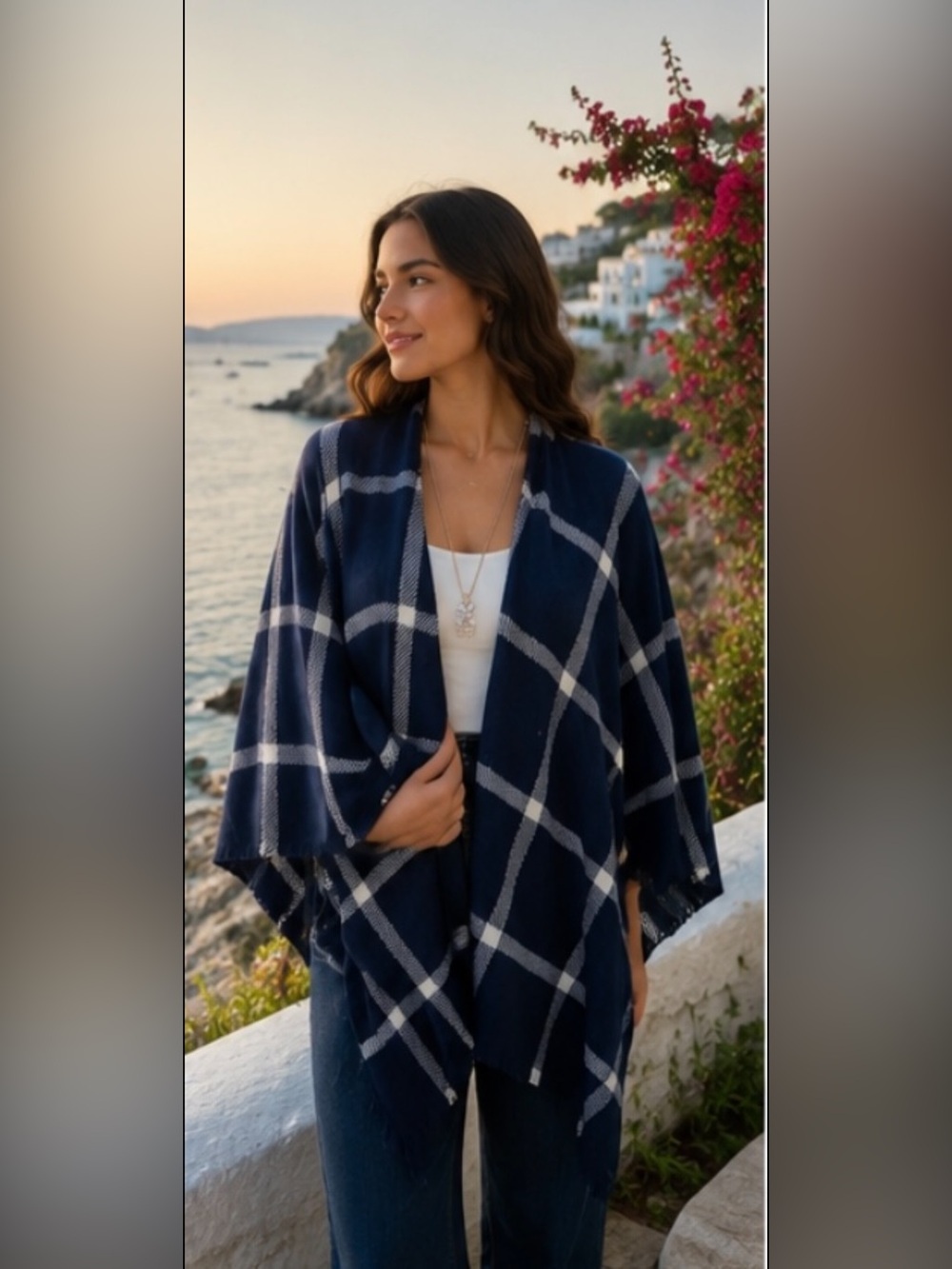 Tommy Hilfiger Navy and White Plaid Wrap Poncho